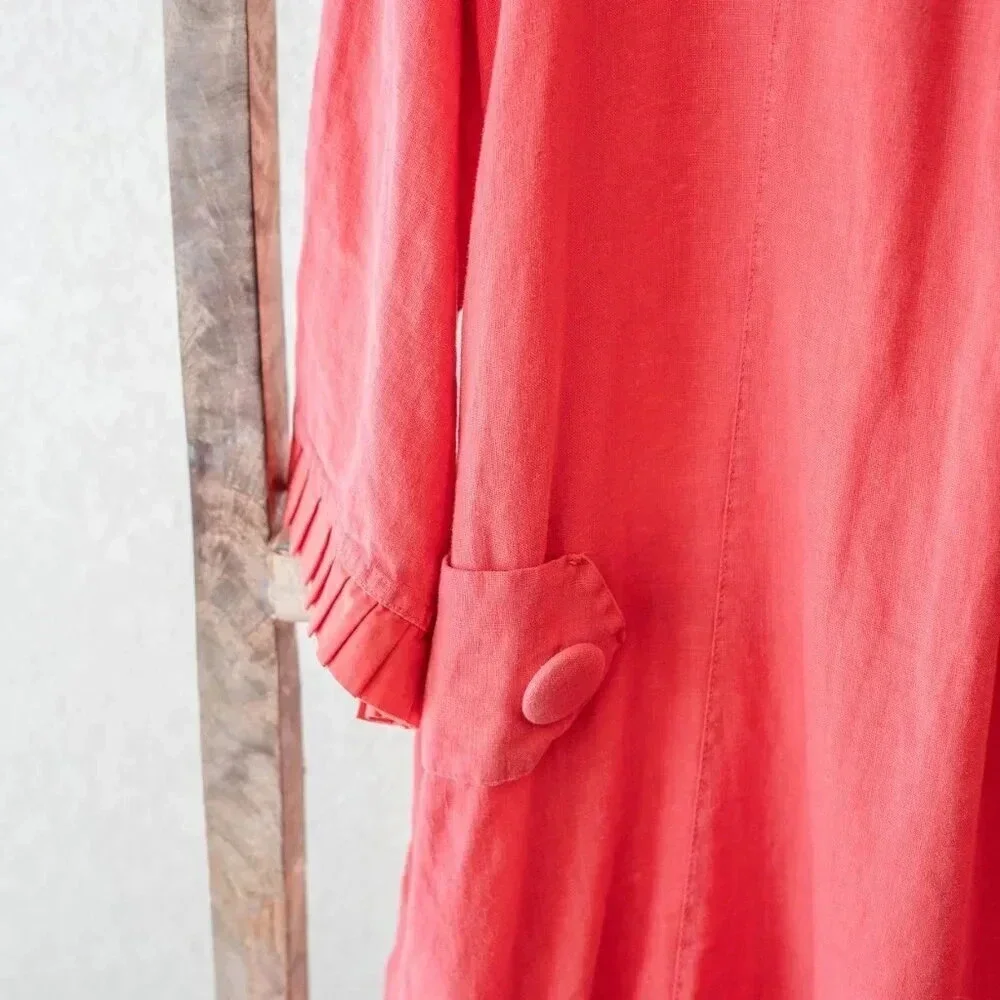 Embellish Coral Linen Blend Shift Dress Medium Pleated Ruffle Hem Collar Pockets - Picture 7 of 10